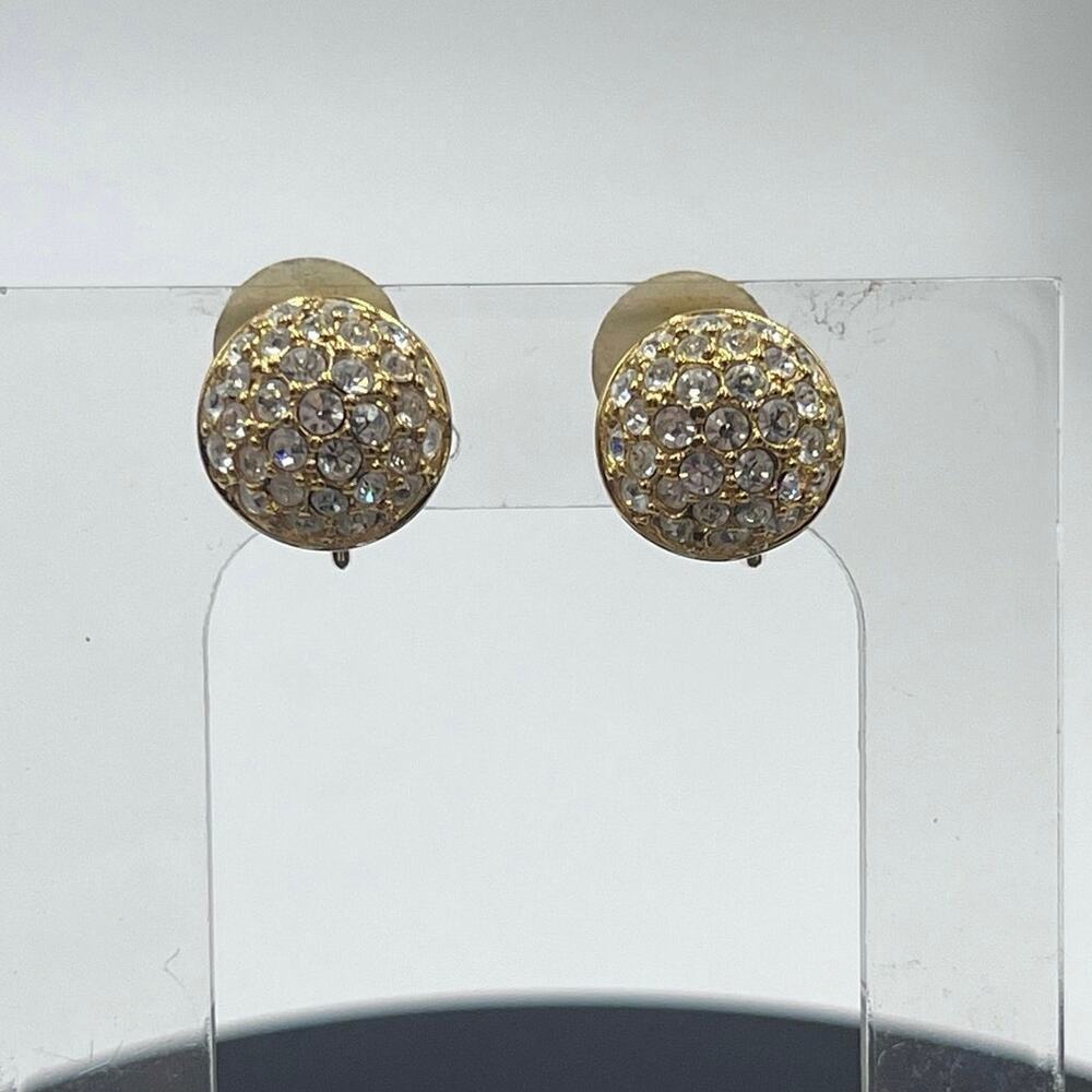 Swarovski Signed Swan Domed Button 18k Gold Plated Crystal Pave Clip On Earrings